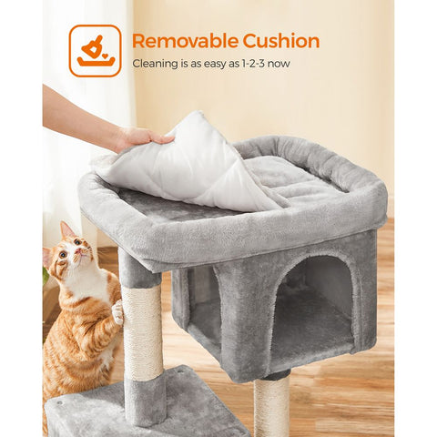 Rootz Scratching Post - High Tower - Cat-friendly Soft - Large Platform - Scratching Board - 2 Caves - Space-saving Cat - Carb Certified Chipboard Plush-sisal - Light Gray - 60 x 40 x 84 cm