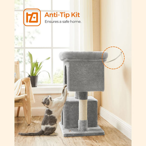 Rootz Scratching Post - High Tower - Cat-friendly Soft - Large Platform - Scratching Board - 2 Caves - Space-saving Cat - Carb Certified Chipboard Plush-sisal - Light Gray - 60 x 40 x 84 cm