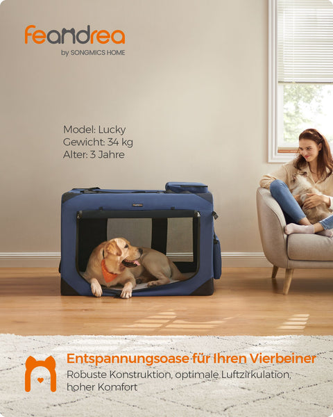 Rootz XXXL Dark Blue Dog Box - Pet Crate - Kennel - Metal Frame - 600D Oxford Fabric - PVC Coating - Fleece - Spacious Interior - Easy to Fold - Lightweight - 102cm x 69cm x 69cm