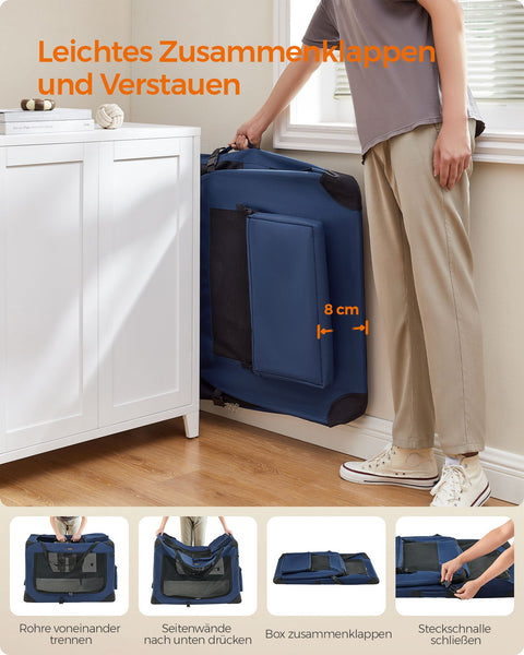 Rootz XXXL Dark Blue Dog Box - Pet Crate - Kennel - Metal Frame - 600D Oxford Fabric - PVC Coating - Fleece - Spacious Interior - Easy to Fold - Lightweight - 102cm x 69cm x 69cm