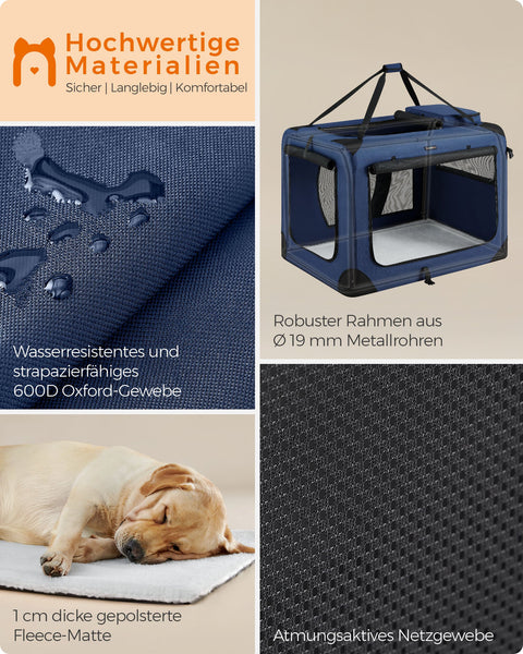 Rootz XXXL Dark Blue Dog Box - Pet Crate - Kennel - Metal Frame - 600D Oxford Fabric - PVC Coating - Fleece - Spacious Interior - Easy to Fold - Lightweight - 102cm x 69cm x 69cm