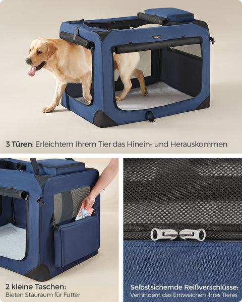 Rootz XXXL Dark Blue Dog Box - Pet Crate - Kennel - Metal Frame - 600D Oxford Fabric - PVC Coating - Fleece - Spacious Interior - Easy to Fold - Lightweight - 102cm x 69cm x 69cm