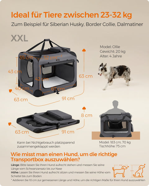 Rootz XXL Gray Dog Box - Pet Crate - Kennel - Metal Frame - 600D Oxford Fabric - PVC Coating - Fleece - Lightweight - Spacious - Portable - 91cm x 63cm x 63cm - Folded 91cm x 63cm x 8cm