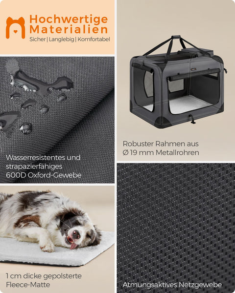 Rootz XXL Gray Dog Box - Pet Crate - Kennel - Metal Frame - 600D Oxford Fabric - PVC Coating - Fleece - Lightweight - Spacious - Portable - 91cm x 63cm x 63cm - Folded 91cm x 63cm x 8cm