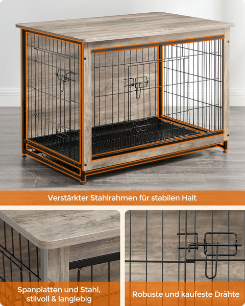 Rootz Greige Dog Cage - Pet Crate - Kennel - Chipboard and Steel Construction - Spacious Interior - Easy Assembly - 98cm x 65cm x 68cm