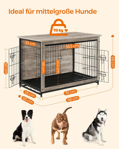 Rootz Greige Dog Cage - Pet Crate - Kennel - Chipboard and Steel Construction - Spacious Interior - Easy Assembly - 98cm x 65cm x 68cm