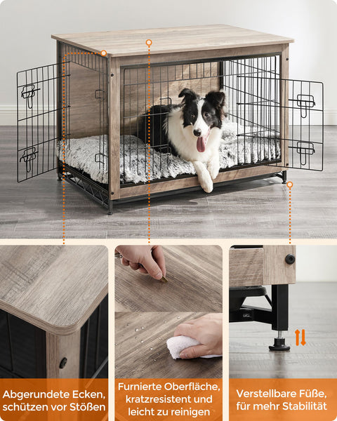 Rootz Greige Dog Cage - Pet Crate - Kennel - Chipboard and Steel Construction - Spacious Interior - Easy Assembly - 98cm x 65cm x 68cm
