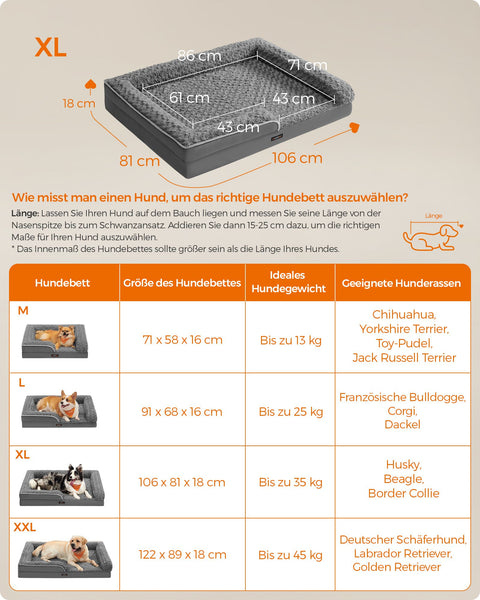 Rootz Orthopedic Dog Bed - Pet Bed - Plush Dog Bed - Memory Foam - 280 g/m2 PV Plush - 106cm x 81cm x 18cm