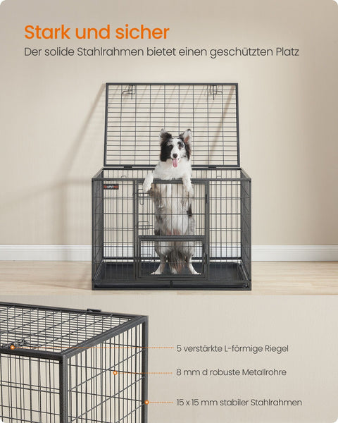 Rootz Heavy-Duty Dog Cage - Pet Crate - Steel Construction - 107cm x 70cm x 75cm - Gray - Locking Doors - Easy to Clean Tray