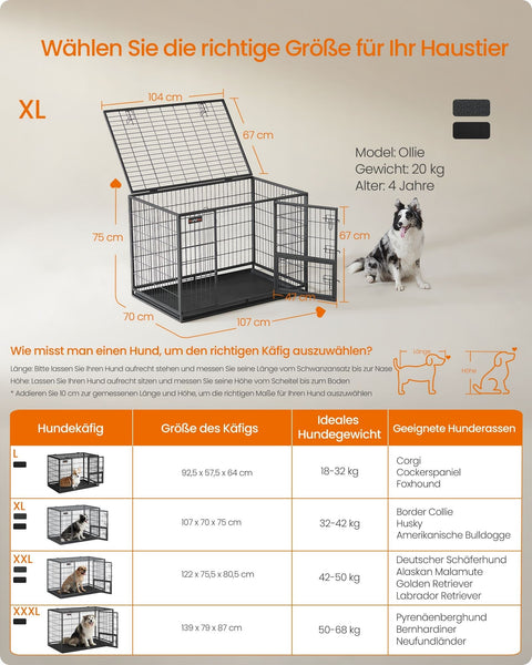 Rootz Heavy-Duty Dog Cage - Pet Crate - Steel Construction - 107cm x 70cm x 75cm - Gray - Locking Doors - Easy to Clean Tray