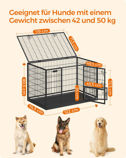 Rootz Heavy Duty Dog Cage - Pet Crate - Steel Kennel - Spacious Interior - Easy Access Doors - Removable Tray - 122cm x 74.5cm x 80.5cm - Black