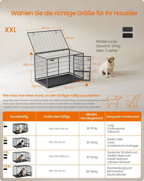 Rootz Heavy-Duty Dog Cage - Pet Crate - Steel Material - Spacious Interior - 122cm x 75.5cm x 80.5cm - Gray