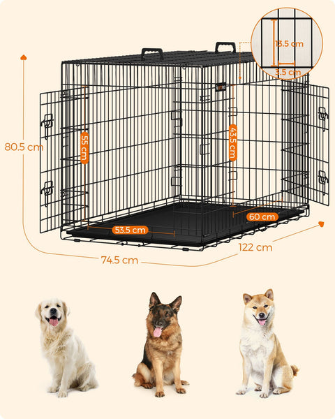 Rootz Pet Cage - Dog Crate - Animal Enclosure - Easy Assembly - Foldable - 2 Lockable Doors - Powder-Coated Iron Wire - 122cm x 74.5cm x 80.5cm