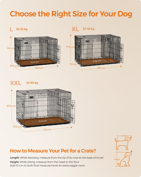 Rootz Pet Cage - Dog Crate - Animal Enclosure - Easy Assembly - Foldable - 2 Lockable Doors - Powder-Coated Iron Wire - 122cm x 74.5cm x 80.5cm