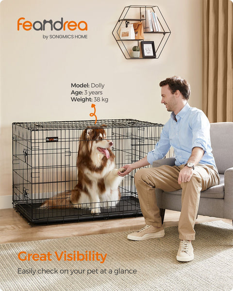 Rootz Pet Cage - Dog Crate - Animal Enclosure - Easy Assembly - Foldable - 2 Lockable Doors - Powder-Coated Iron Wire - 122cm x 74.5cm x 80.5cm