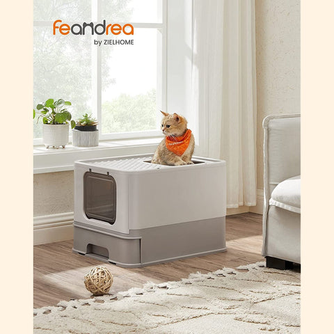 Rootz Cat Litter Box - Top Entry Litter Box - Enclosed Cat Litter Box - Privacy for Shy Cats - Spacious for Larger Cats - Leak-Proof Design - Easy Assembly - Dirt-Repellent Surface - Foldable and Portable - Oatmeal-Warm Gray - 42.5cm x 54.3cm x 37.8cm