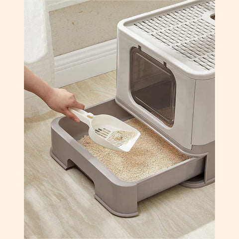 Rootz Cat Litter Box - Top Entry Litter Box - Enclosed Cat Litter Box - Privacy for Shy Cats - Spacious for Larger Cats - Leak-Proof Design - Easy Assembly - Dirt-Repellent Surface - Foldable and Portable - Oatmeal-Warm Gray - 42.5cm x 54.3cm x 37.8cm