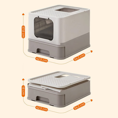 Rootz Cat Litter Box - Top Entry Litter Box - Enclosed Cat Litter Box - Privacy for Shy Cats - Spacious for Larger Cats - Leak-Proof Design - Easy Assembly - Dirt-Repellent Surface - Foldable and Portable - Oatmeal-Warm Gray - 42.5cm x 54.3cm x 37.8cm