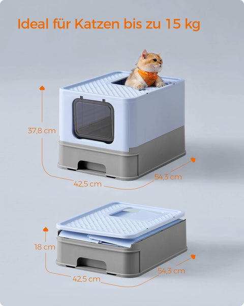 Rootz Cat Litter Box Set - Kitty Toilet - Litter Scoop - Brush - Easy to Clean - Durable - Spacious - Pale Blue-Dove Gray - PP/PC - 54.3cm x 42.5cm x 37.8cm