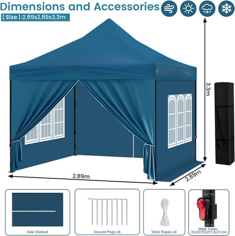 Rootz Folding Garden Gazebo - Outdoor Pavilion - Pop Up Canopy - UV Protection - 289cm x 330cm x 289cm