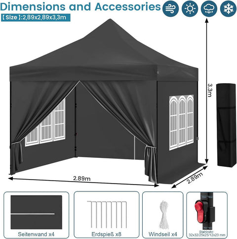 Rootz Foldable Gazebo - Portable Canopy - Sun Shelter - UV Protection - 289cm x 330cm x 289cm