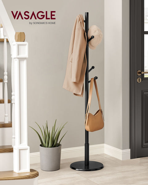 Rootz Coat Rack - Hat Stand - Rubberwood - MDF - Freestanding - 38cm x 175cm - 12.5cm Hook Length - 3.3kg - 5kg Max Load Capacity - 20kg Total Capacity