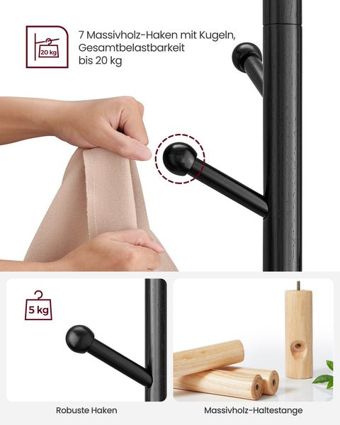Rootz Coat Rack - Hat Stand - Rubberwood - MDF - Freestanding - 38cm x 175cm - 12.5cm Hook Length - 3.3kg - 5kg Max Load Capacity - 20kg Total Capacity