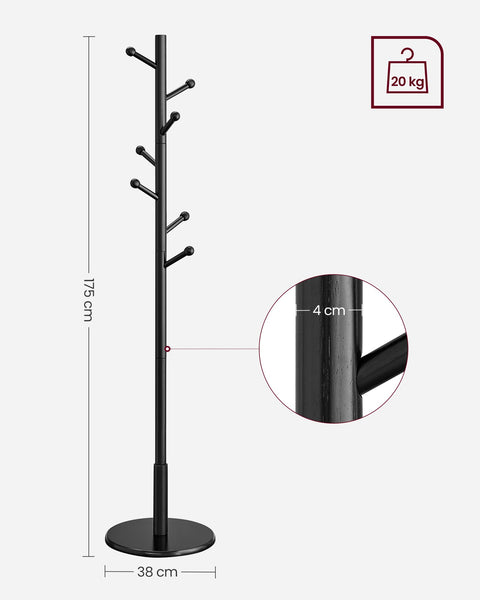 Rootz Coat Rack - Hat Stand - Rubberwood - MDF - Freestanding - 38cm x 175cm - 12.5cm Hook Length - 3.3kg - 5kg Max Load Capacity - 20kg Total Capacity