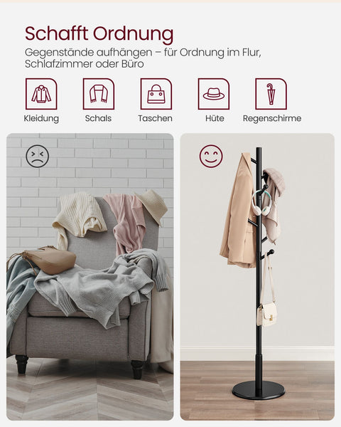 Rootz Coat Rack - Hat Stand - Rubberwood - MDF - Freestanding - 38cm x 175cm - 12.5cm Hook Length - 3.3kg - 5kg Max Load Capacity - 20kg Total Capacity