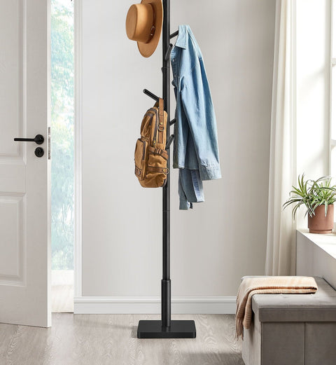 Rootz Coat Stand Tree - Hat Stand - 8 Hooks - Solid Wood - MDF Base - Cloud White - Ink Black - 30cm x 30cm x 175cm. Static Load: 24kg.