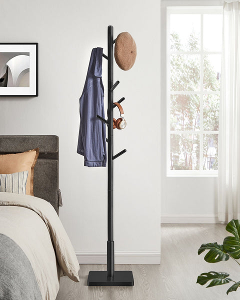Rootz Coat Stand Tree - Hat Stand - 8 Hooks - Solid Wood - MDF Base - Cloud White - Ink Black - 30cm x 30cm x 175cm. Static Load: 24kg.
