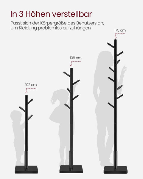 Rootz Coat Stand Tree - Hat Stand - 8 Hooks - Solid Wood - MDF Base - Cloud White - Ink Black - 30cm x 30cm x 175cm. Static Load: 24kg.