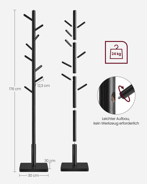 Rootz Coat Stand Tree - Hat Stand - 8 Hooks - Solid Wood - MDF Base - Cloud White - Ink Black - 30cm x 30cm x 175cm. Static Load: 24kg.