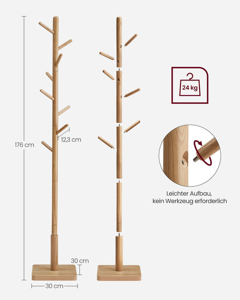 Rootz Coat Rack - Hat Stand - Entryway Organizer - Rubberwood - MDF - Natural Beige - 30cm x 30cm x 175cm