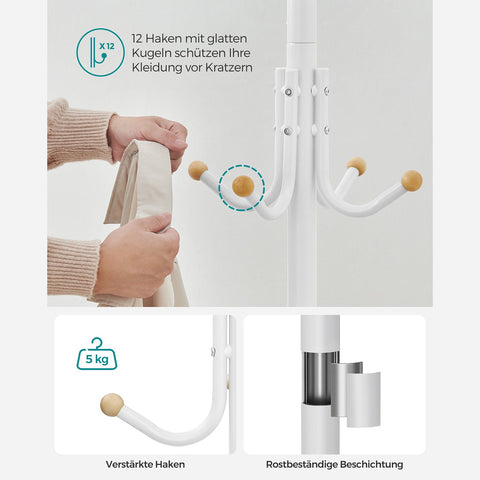 Rootz White Steel Coat Rack - Garment Stand - Clothing Organizer - Max Load 5kg - 55cm x 180cm x 55cm