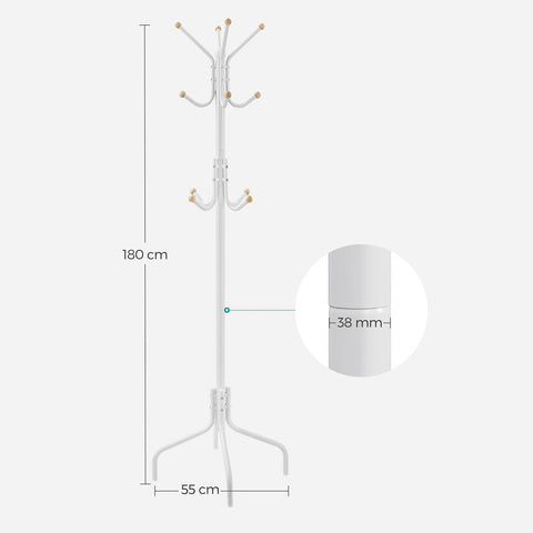 Rootz White Steel Coat Rack - Garment Stand - Clothing Organizer - Max Load 5kg - 55cm x 180cm x 55cm