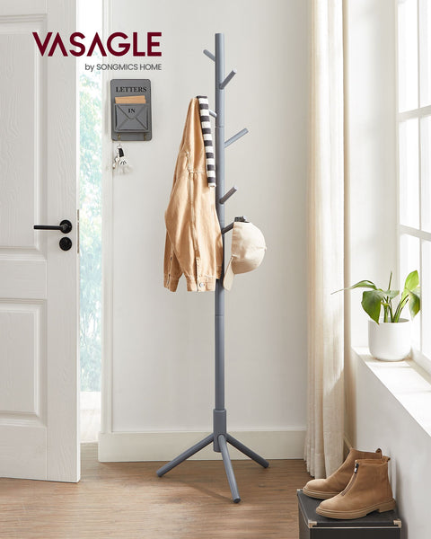 Rootz Gray Coat Rack - Solid Wood Stand - Standing Coat Hanger - 24kg Capacity - 47cm x 47cm x 175cm
