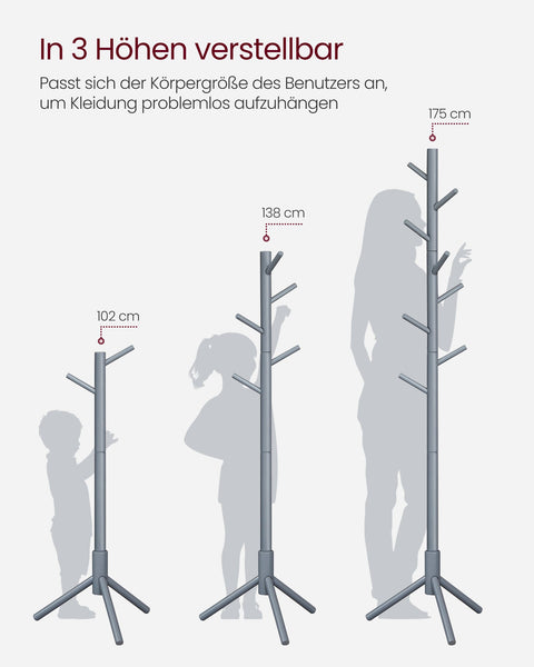 Rootz Gray Coat Rack - Solid Wood Stand - Standing Coat Hanger - 24kg Capacity - 47cm x 47cm x 175cm