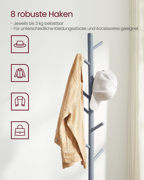 Rootz Gray Coat Rack - Solid Wood Stand - Standing Coat Hanger - 24kg Capacity - 47cm x 47cm x 175cm