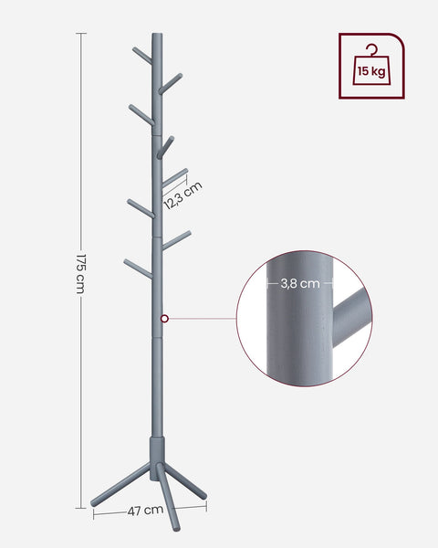 Rootz Gray Coat Rack - Solid Wood Stand - Standing Coat Hanger - 24kg Capacity - 47cm x 47cm x 175cm