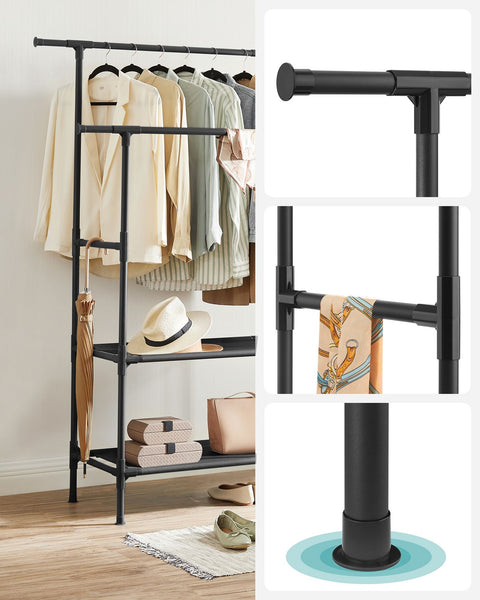 Rootz Black Clothes Rack - Garment Rack - Wardrobe Organizer - Steel Construction - Easy Assembly - 113cm x 45cm x 171cm