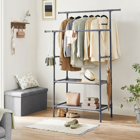 Rootz Gray Clothes Rack - Garment Rack - Wardrobe Organizer - Metal Pipes - Non-Woven Fabric - Plastic Connectors - 114cm x 45cm x 171cm - 3kg - 15kg Per Shelf - 20kg Per Clothes Rail - 70kg Total Static Load Capacity