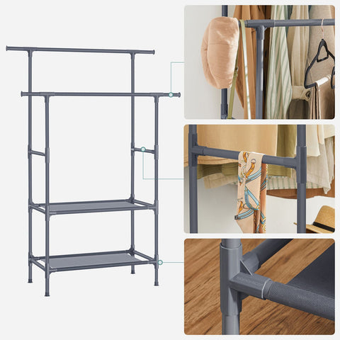 Rootz Gray Clothes Rack - Garment Rack - Wardrobe Organizer - Metal Pipes - Non-Woven Fabric - Plastic Connectors - 114cm x 45cm x 171cm - 3kg - 15kg Per Shelf - 20kg Per Clothes Rail - 70kg Total Static Load Capacity