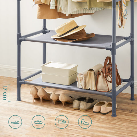 Rootz Gray Clothes Rack - Garment Rack - Wardrobe Organizer - Metal Pipes - Non-Woven Fabric - Plastic Connectors - 114cm x 45cm x 171cm - 3kg - 15kg Per Shelf - 20kg Per Clothes Rail - 70kg Total Static Load Capacity