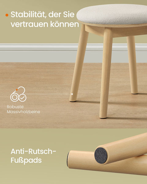 Rootz Boho Style Dressing Stool - Cream White Oak Beige - Round Ottoman - Rubber Wood Boucle Fabric - 37cm x 37cm x 43cm