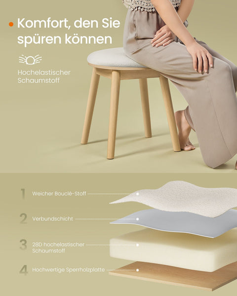Rootz Boho Style Dressing Stool - Cream White Oak Beige - Round Ottoman - Rubber Wood Boucle Fabric - 37cm x 37cm x 43cm