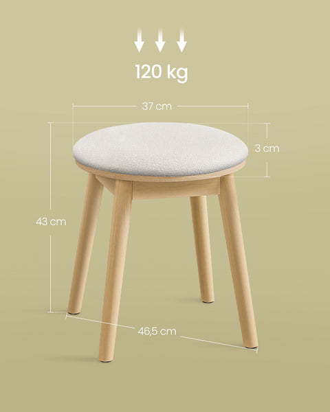 Rootz Boho Style Dressing Stool - Cream White Oak Beige - Round Ottoman - Rubber Wood Boucle Fabric - 37cm x 37cm x 43cm