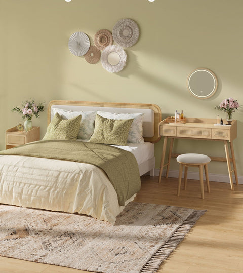 Rootz Boho Style Dressing Stool - Cream White Oak Beige - Round Ottoman - Rubber Wood Boucle Fabric - 37cm x 37cm x 43cm
