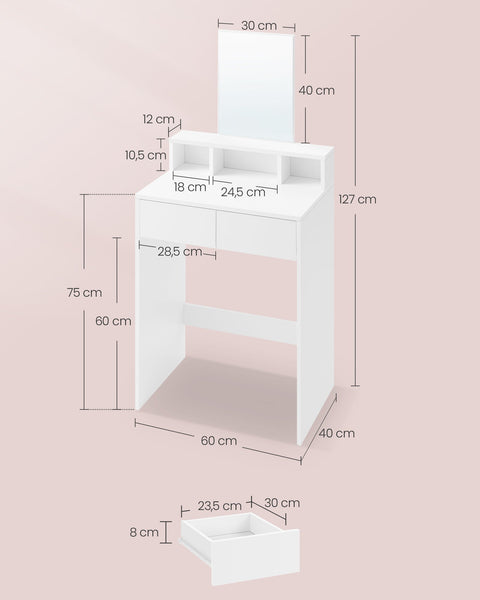Rootz Dressing Table with Mirror and 2 Drawers - Vanity Table - Makeup Desk - White - 40cm x 60cm x 127cm - No Batteries Required