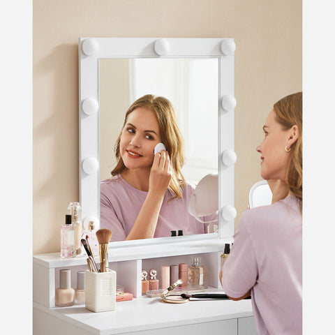Rootz White Dressing Table with Mirror - Vanity Table - Makeup Table - Chipboard Construction - 2 Drawers - 3 Compartments - Raised Shelf - Light Bulbs - Easy Makeup Routine - Child's Play - 80cm x 40cm x 145cm